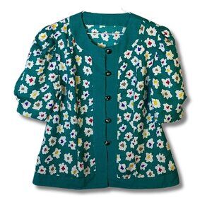 Vintage 90s Style Green and Multicolor Print Button Up Blouse
